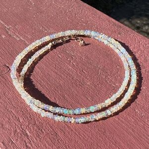Rainbow Natural Untreated Welo Opal Necklace Handmade Solid 14K Yellow Gold